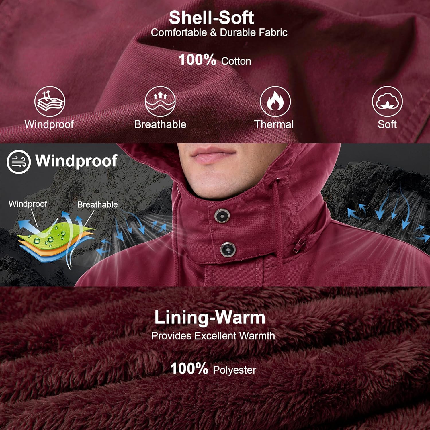 CHEXPEL Men's Thick Winter Jackets with Hood Fleece Lining Cotton Military Jackets Work Coats with Cargo Pockets Outwear - Image 4