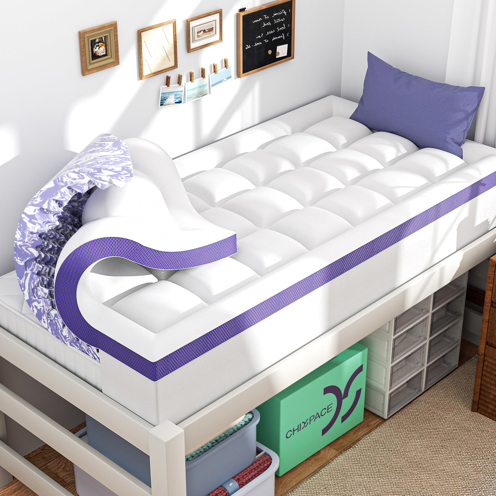Photo 1 of ChiXpace Dual Layer 4 Inch Memory Foam Mattress Topper Twin XL - 2 Inch Gel Memory Foam and 2 Inch Pillow Top Mattress Pad, 7-Zone Egg Crate Twin XL Size Mattress Topper (White)