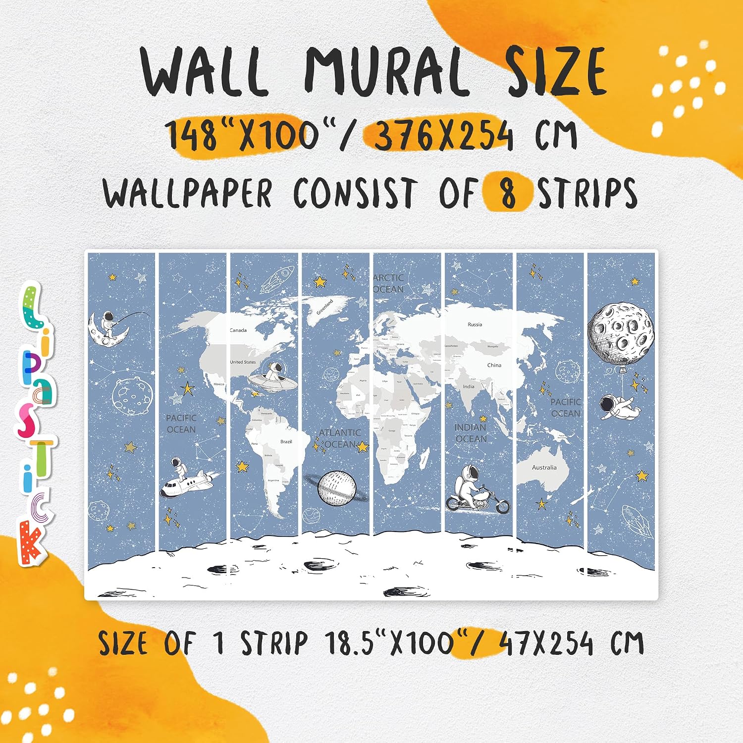 Kids Room Wallpaper Astronaut Space – Giant World Map with Countries Mural - Nursery Wallpaper Peel and Stick – Kids Wall Murals for Girls Boys Baby – Waterproof Self Adhesive (408215, 148W x 100H)
