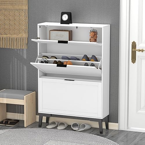 TaoHFE Armario de madera blanco oculto para zapatos, armario de almacenamiento de zapatos estrecho, organizador de zapatos de pie libre para
