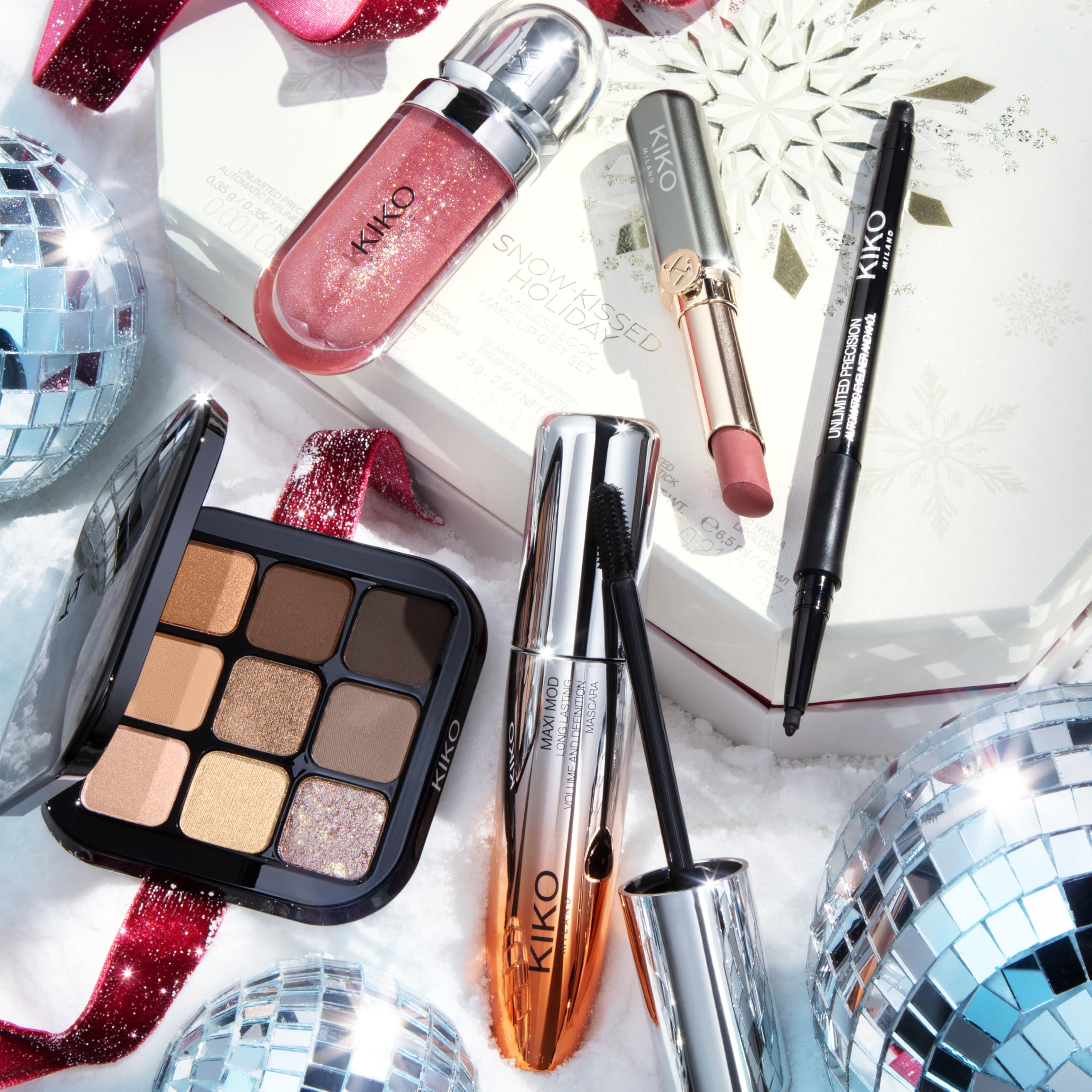 KIKO Milano Snow-Kissed Holiday Timeless Look Makeup Gift Set, Coffret Cadeau Maquillage: Mascara Effet Volumateur, Eye-Liner, Palette D'Ombres À Paupières, Brillant À Lèvres Et Rouge À Lèvres