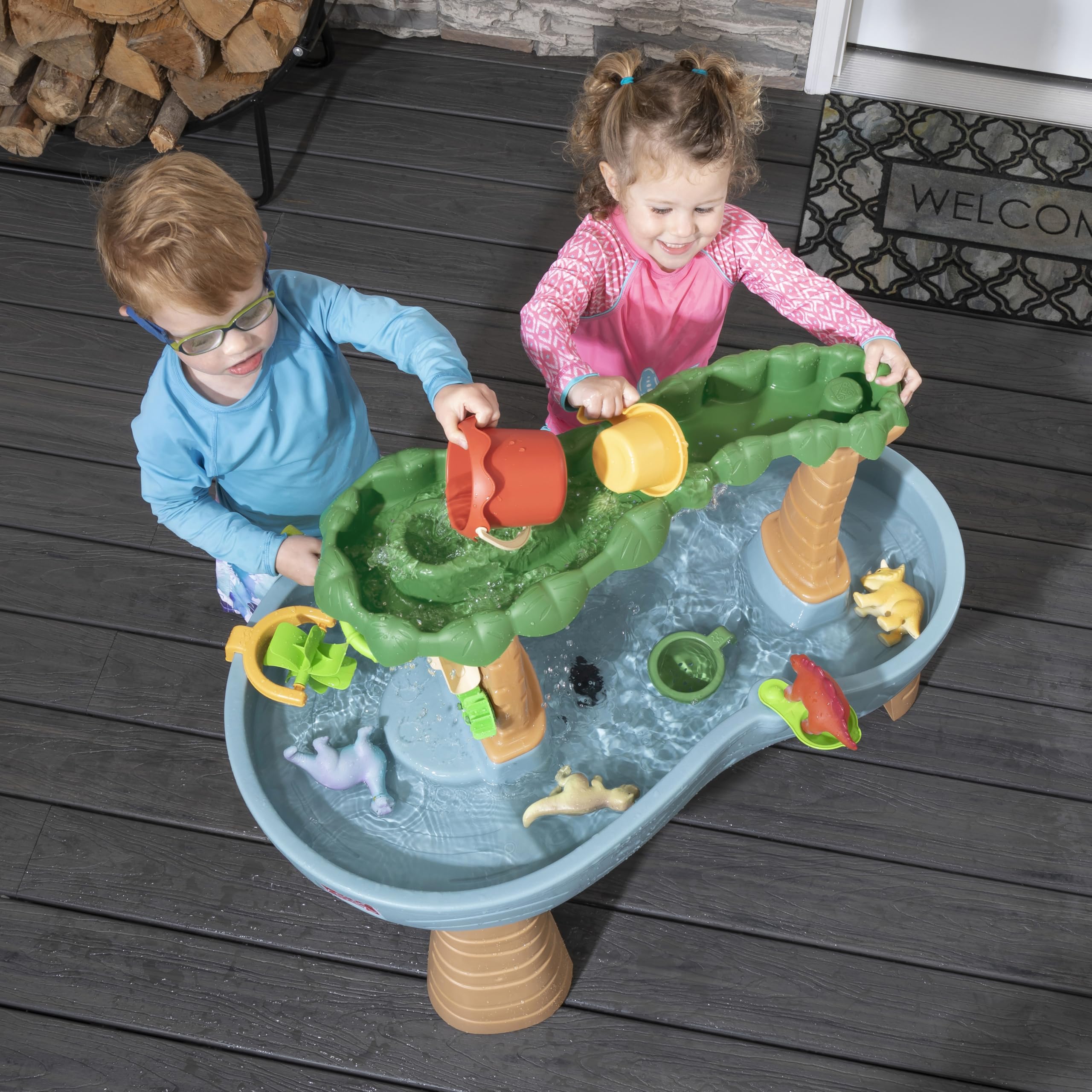Step2 Dino Showers Mesa de Agua y Arena con 13 Accesorios, Azul y Marron, Juegos de Agua para ninos