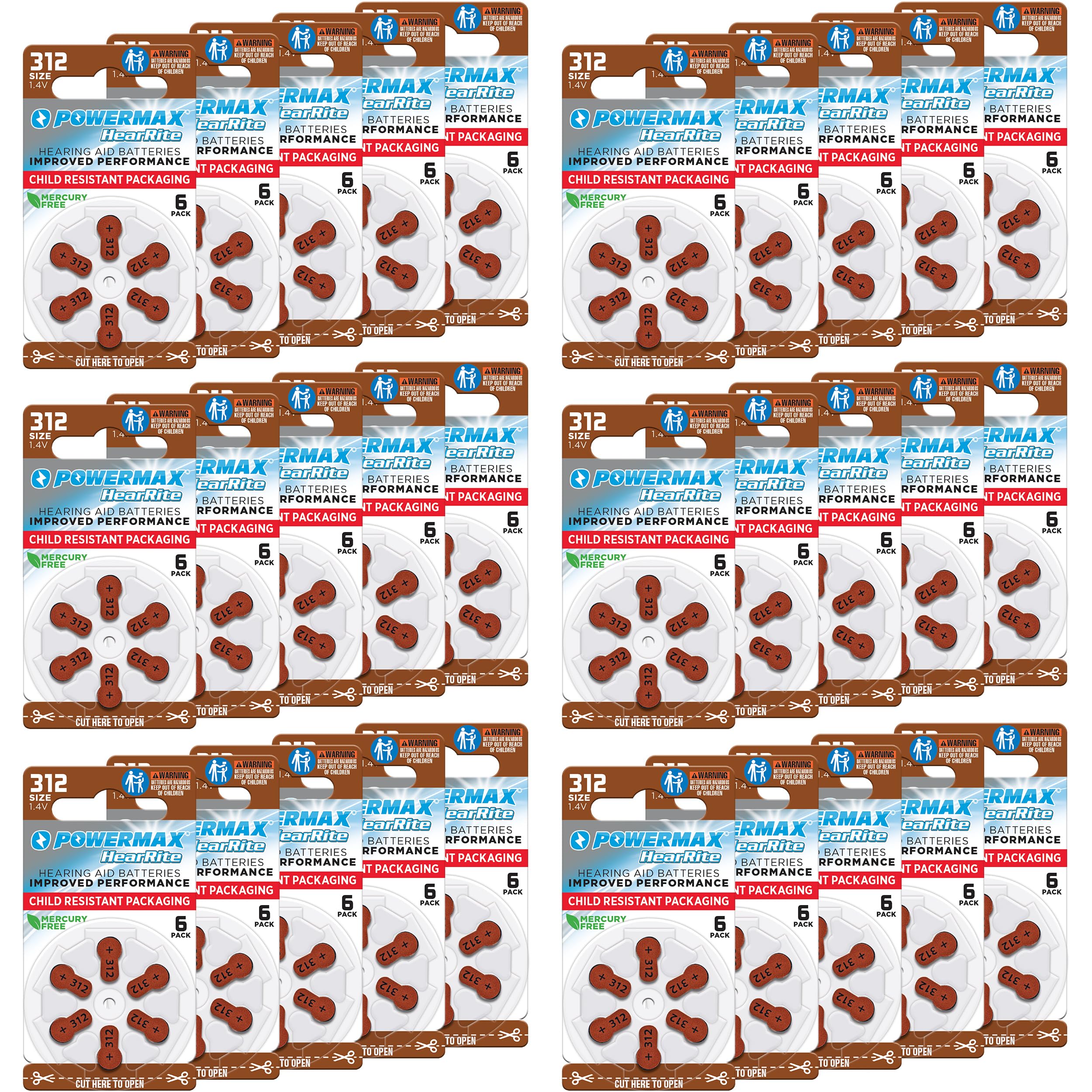 Powermax Size 312 Hearing Aid Batteries, 180 Count Long-Lasting Battery Pack, Brown Long Tab for Easy Change