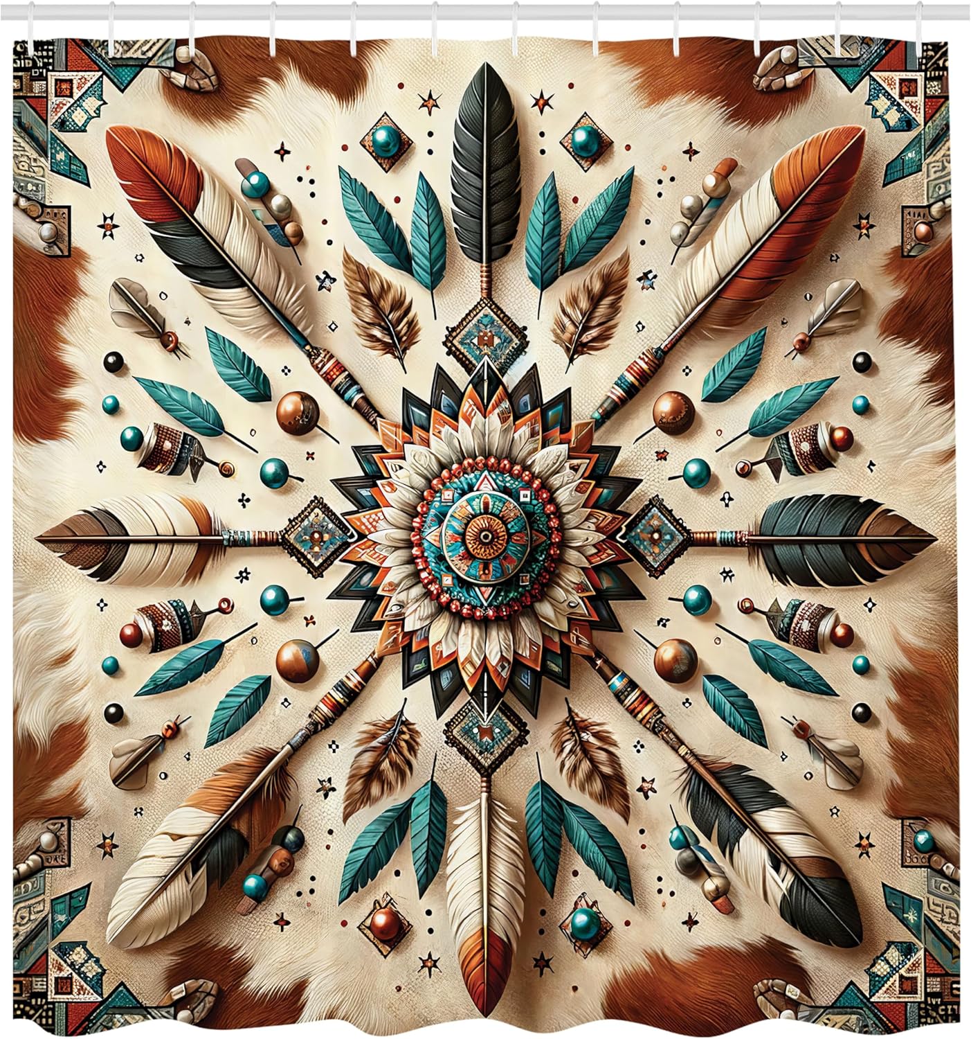 Ambesonne Rustic Shower Curtain, Bohemian Feathers and Arrows in Southwestern Influences Indigenous Folk, Cloth Fabric Bathroom Decor Set with Hooks, 69" W x 84" L, Redwood Teal Champagne