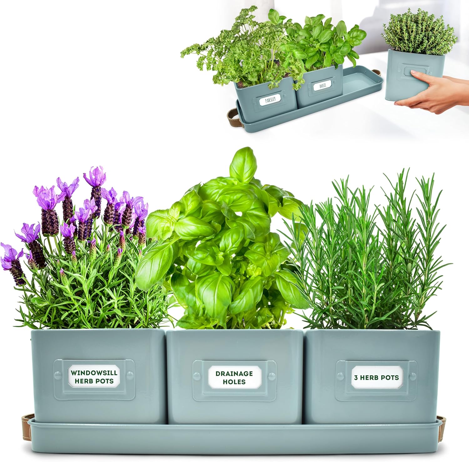 volila Teal Blue Indoor Herb Planter - Set of 3 Steel Herb Garden Pots with Leather Tray, Drainage Holes & Labels for Window Sill