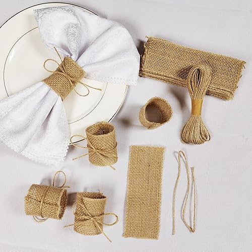 Miniatura 4 de Juego de 100 servilleteros de arpillera natural con cuerda de yute, servilletas desechables a granel, anillo rústico para mesas, decoraciones,