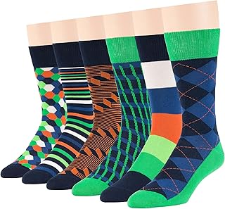 7Bigstars Mens Cotton Dress Crew Socks, 6 Pairs Patterned Assortment - Argyle, Striped, Dotted, Soft Breathable Everyday Fit