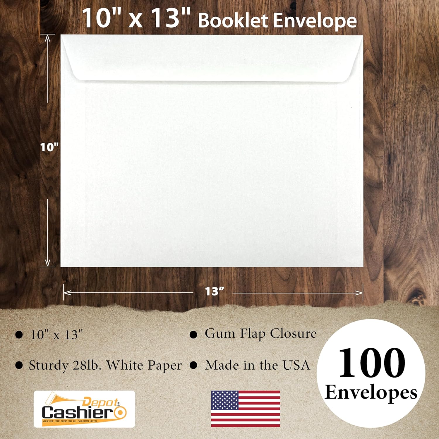 100 Cashier Depot - 10" x 13" Booklet Envelopes, Heavy 28 lb White Wove Paper, Open Side Design, Gummed Flap, 100 Count