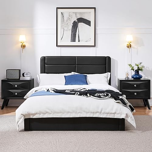 Miniatura 2 de Yaheetech Mesita de noche con 2 cajones y patas de madera maciza, mesita de noche casi totalmente montada, mesita de noche grande con