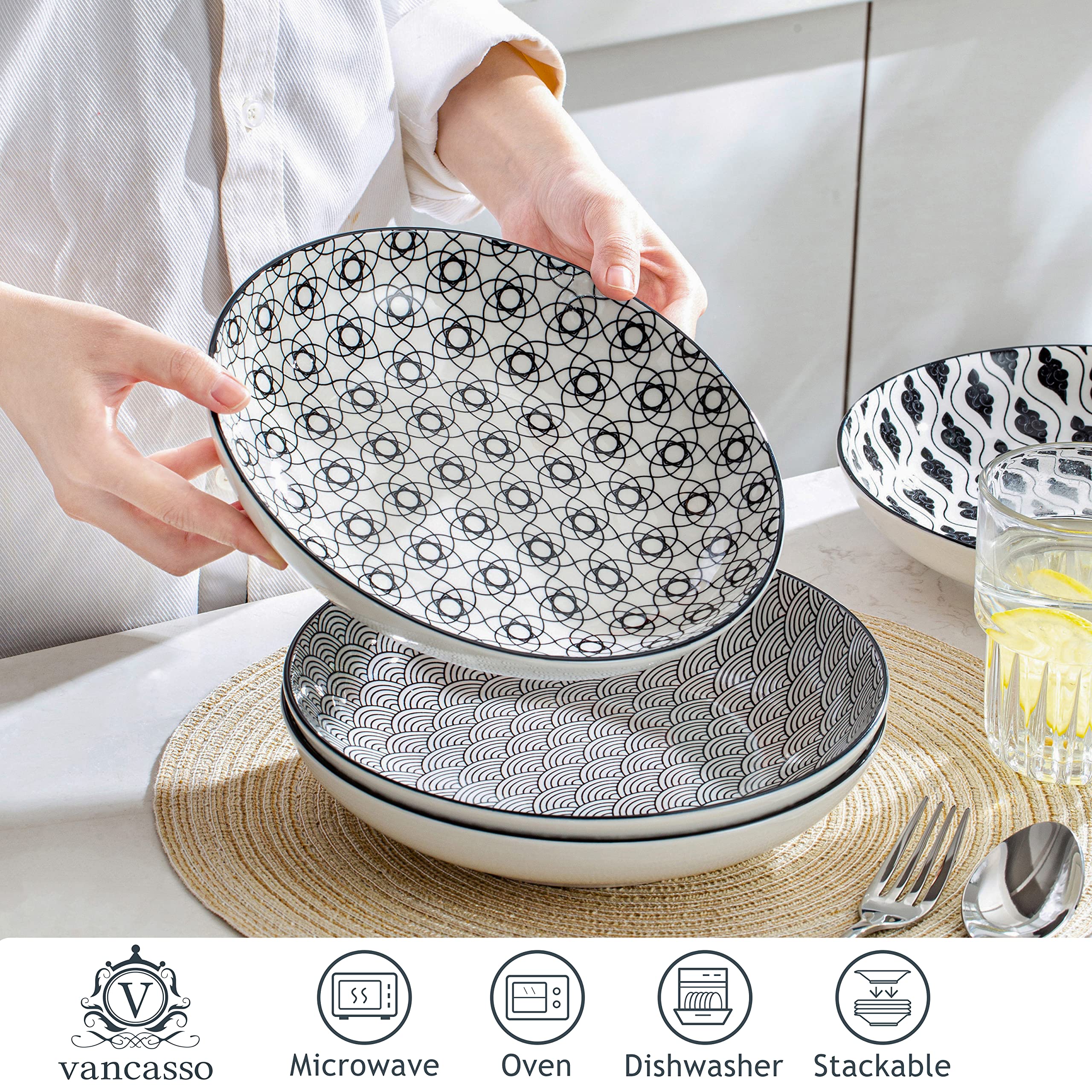 vancasso Serie HARUKA Platos llanos, Platos para pasta, Espagueti, Platos de porcelana para 4 personas, Desayuno estilo japonés/Poke Bowl