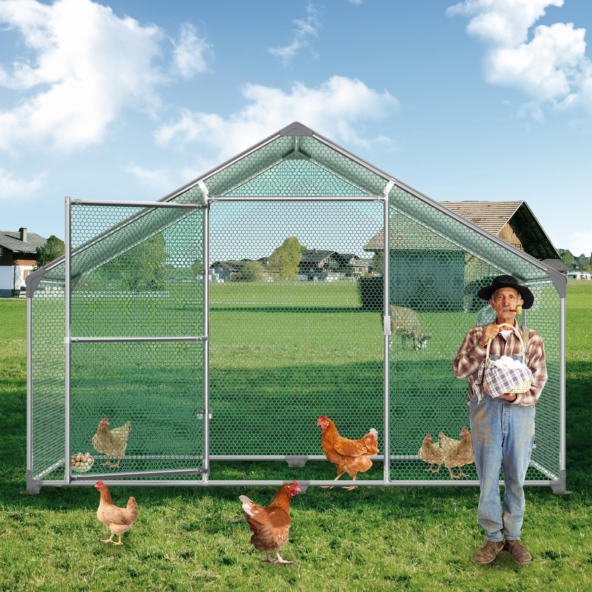 Froadp Pollai e Gabbie in Acciaio Zincato per Galline Uccelli da Esterno Gabbia con PE Tetto Parasole e Lucchetto Grande Recinto di Pollo Voliera per Animali Conigli Polli Cucce (3x2x2m, 6㎡)