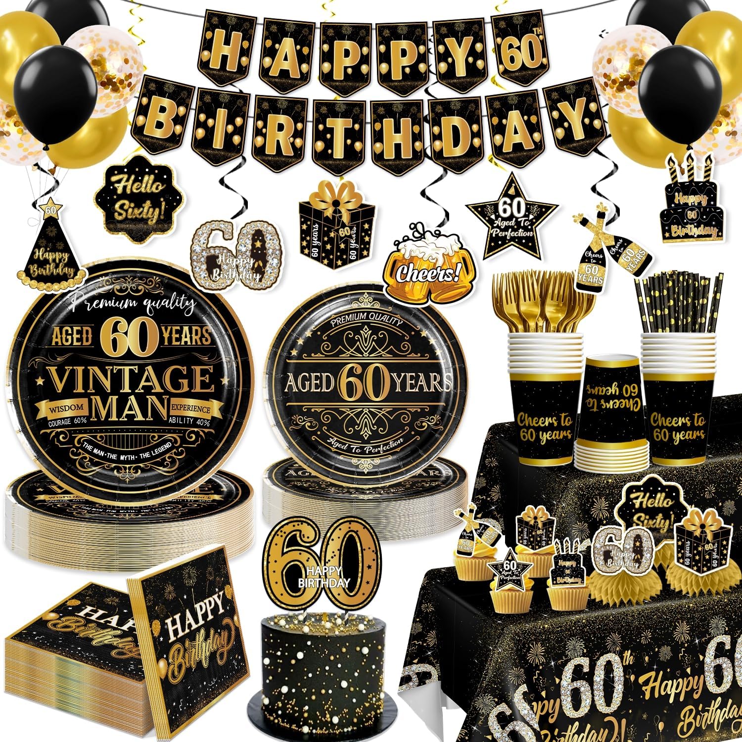 169pcs 60th Birthday Decorations for Men with Vintage Plates, Napkins, Cups, 2pc Waterproof Tablecloth, Banner, Cake Topper Black and Gold 60th Birthday Decorations 25 Guests