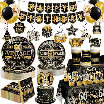 169pcs 60th Birthday Decorations for Men with Vintage Plates, Napkins, Cups, 2pc Waterproof Tablecloth, Banner, Cake Topper Black and Gold 60th Birthday Decorations 25 Guests