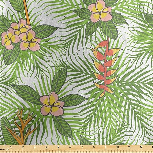 Ambesonne Spring Fabric by The Yard, Tropical Palm Leaves with Hibiscus Flowers Aloha Flowers Jungle Foliage, Decorative Satin Fabric for Home