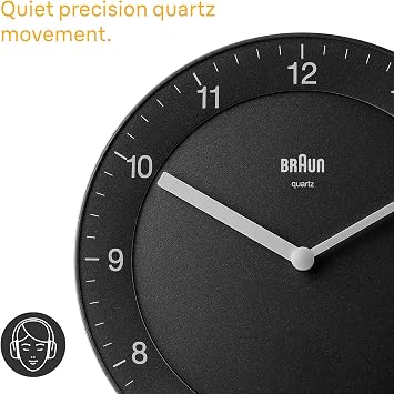 Braun Classic Analogue Wall Clock with Quiet Quartz Movement, Easy to Read, 20cm Diameter in Black, Model BC06B.