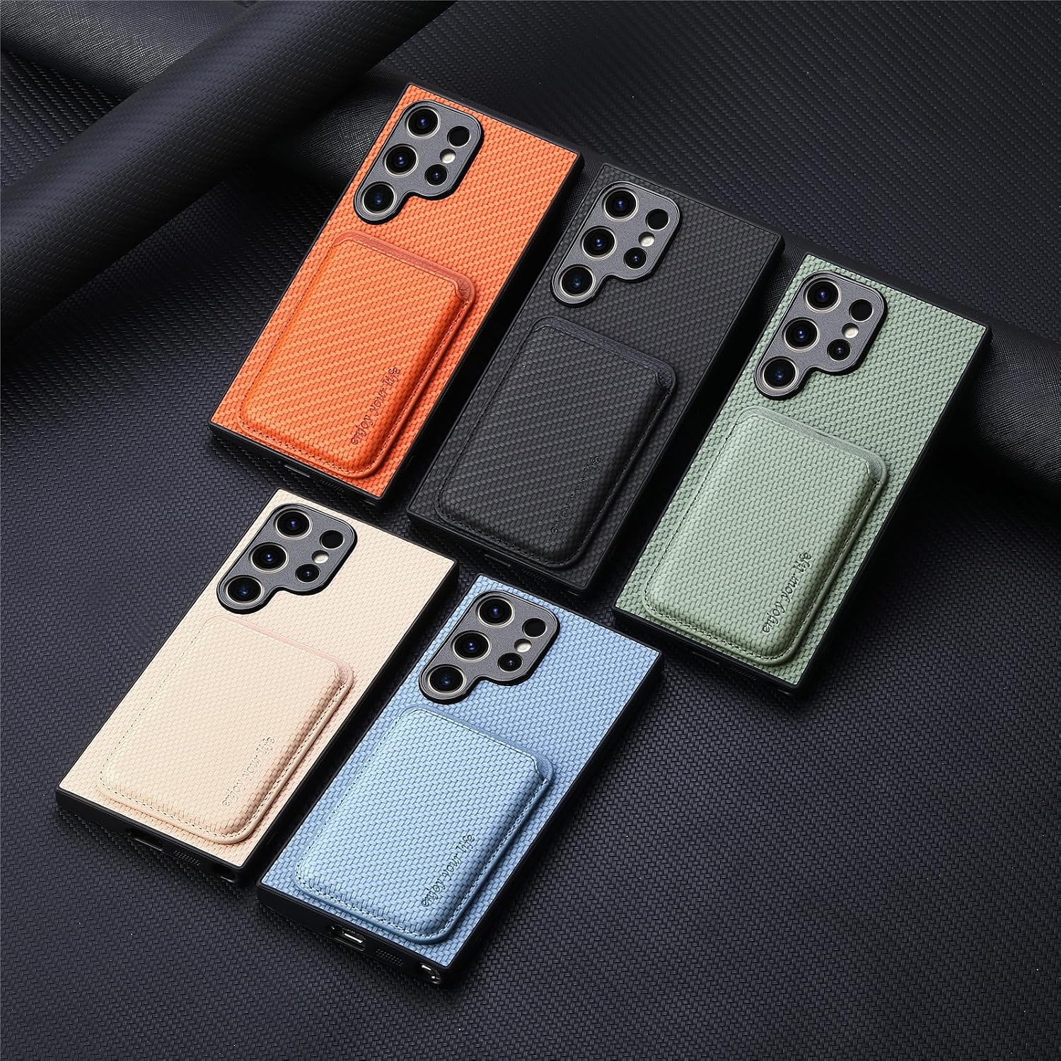 Designed for Samsung S23 Ultra Case, Galaxy S23 Ultra Case with Card Holder, Supporting for Mag-safe & Magnet, Knitted PC Cover with Soft TPU Edges, Anti-slip & Shock-absorbing,Business Design(Orange)