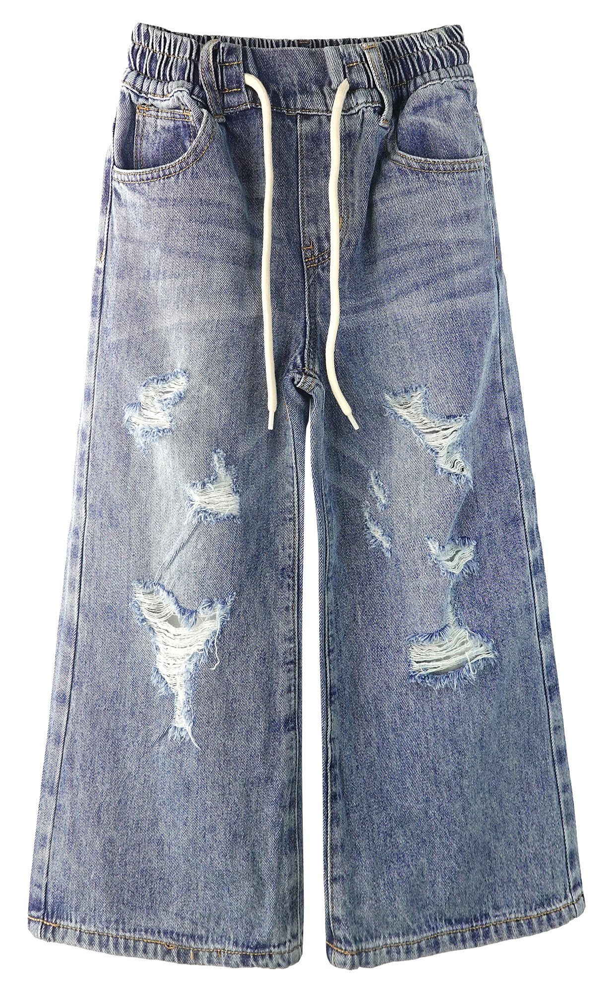 KIDSCOOL SPACE Jeans in Denim Colorati a Gamba Larga per Bambine, 5-14T Vita Elastica Larga con Pantaloni Svasati Strappati con spago