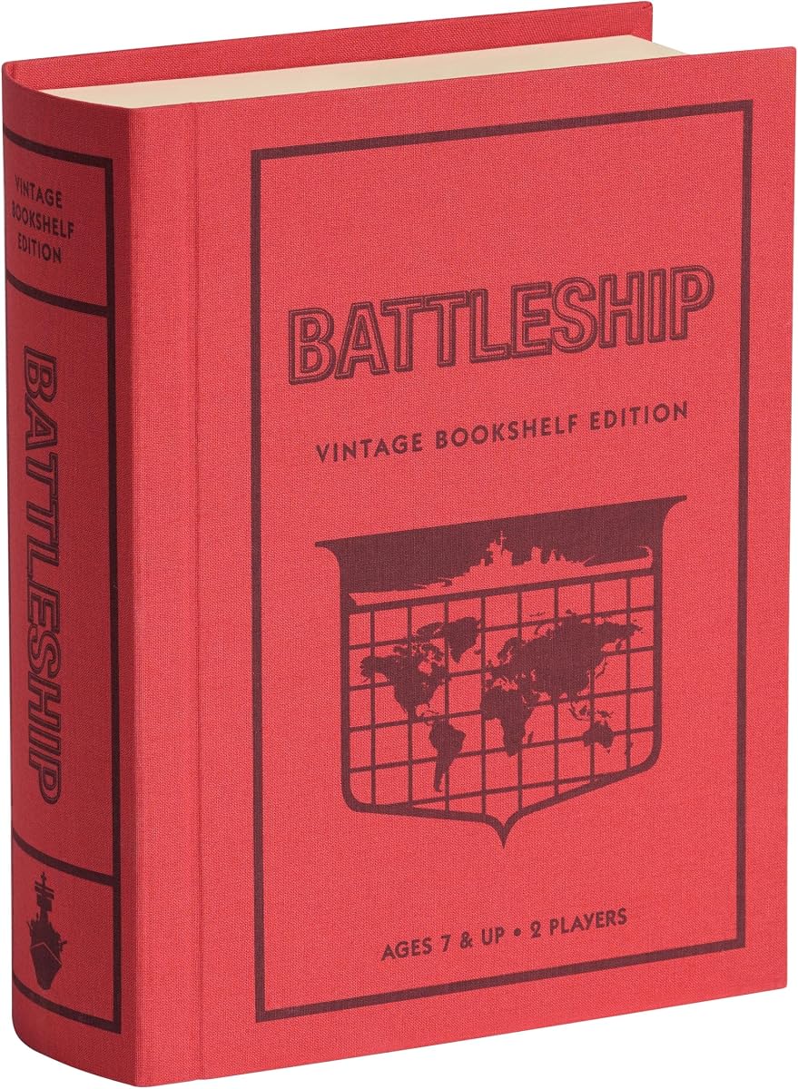 WS Game Company Battleship Vintage Bookshelf Edition Naval Strategy Game | Classic War Strategy Game Set, Linen-Wrapped Book Box, Integrated Storage, Folding Battle Cases, For 2 Players, Ages 7 and Up