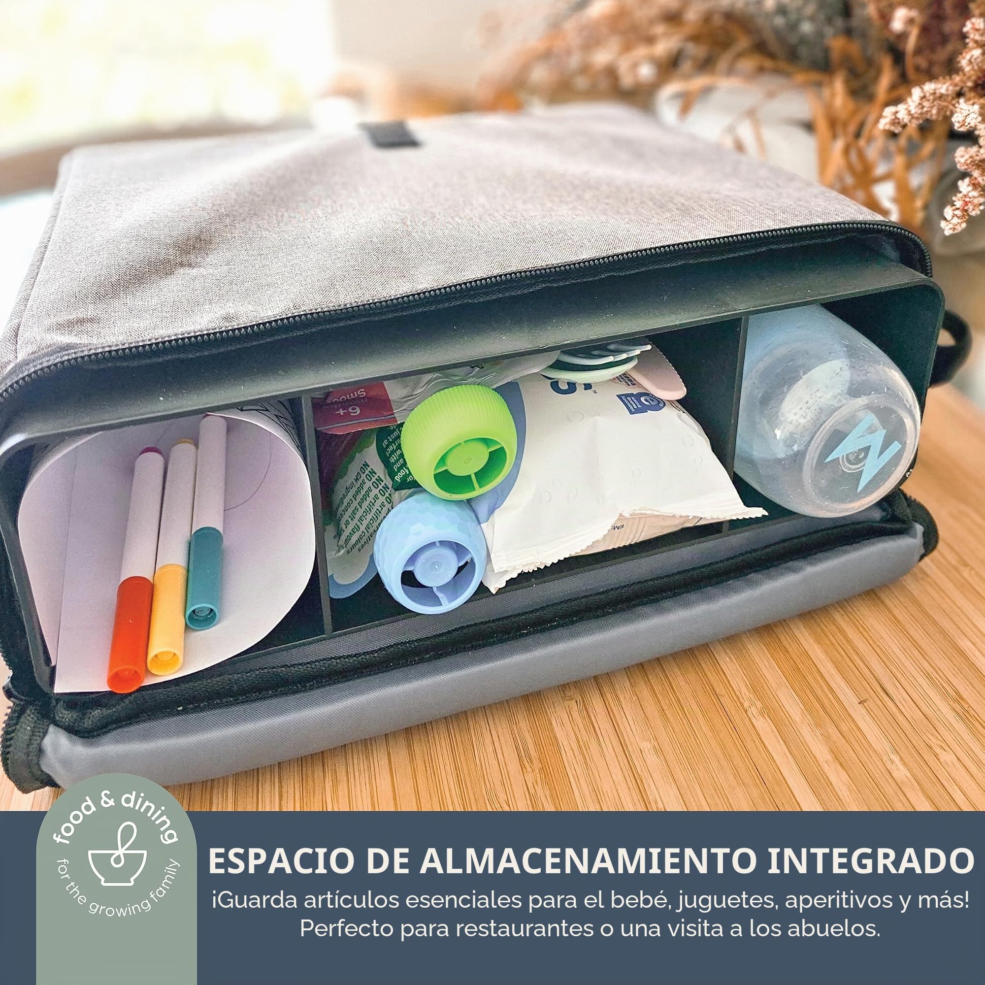 Dreambaby On-The-Go - Asiento elevador para niños, silla alta portátil con prácticos compartimentos de almacenamiento, se adapta a la mayoría de sillas de comedor, ligero, compacto y fácil de