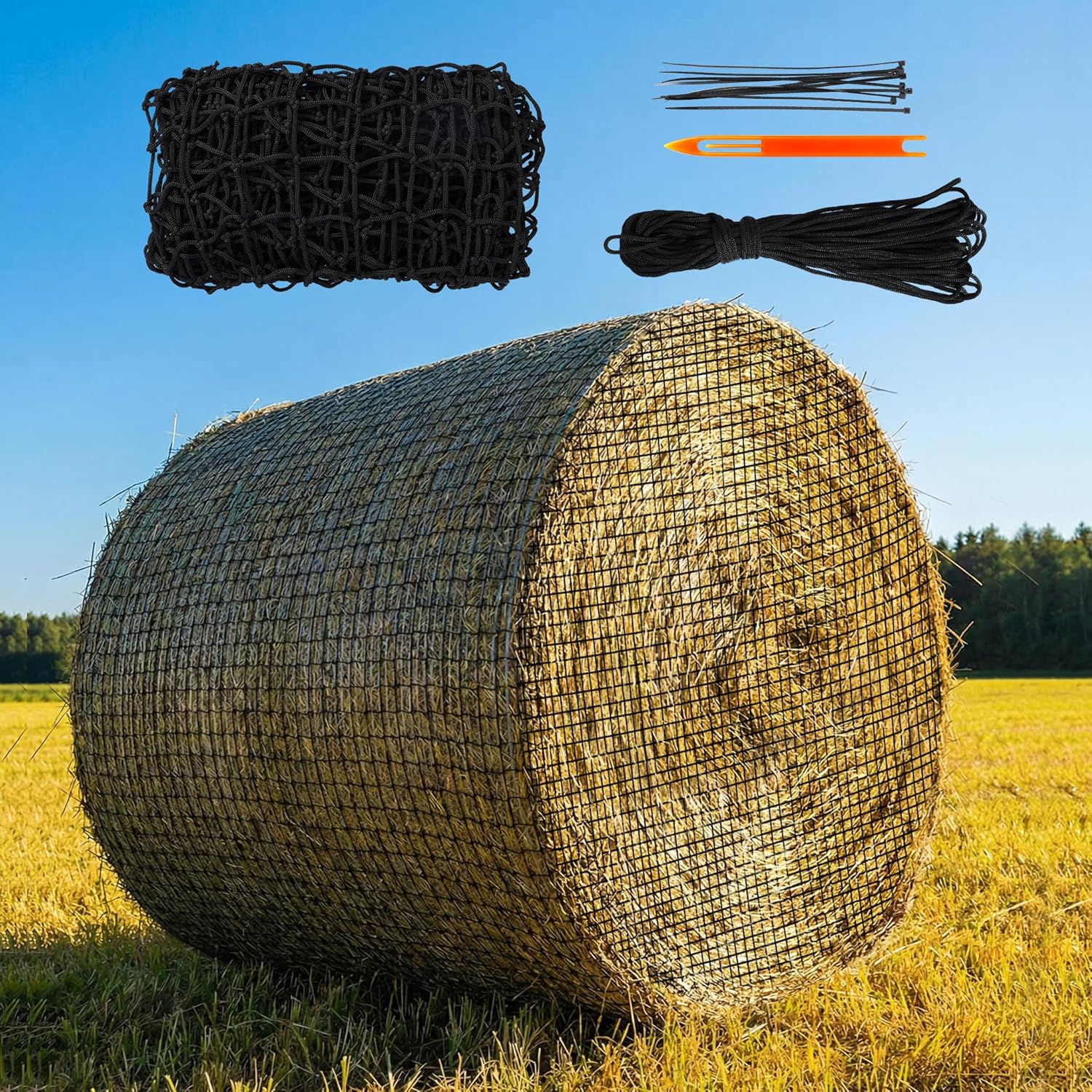 FRUITEAM 5 * 5 ft Round Bale Hay Net for Horses, Round Bale Feeder with 2 inch Hole, Hay Nets for Horses Slow Feed, Knot Design - More Durable Hay Net with Repair Tool