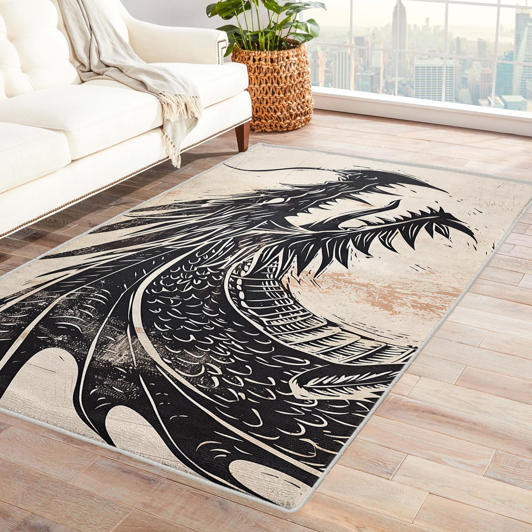 MOBEITI Dragon Area Rug 4x6, Japanese Rugs for Bedroom Living Room, Chinese Oriental Home Decor Carpet, Machine Washable Non Slip Soft Low Pile Indoor
