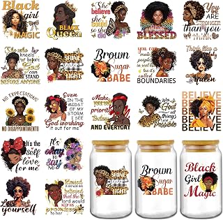 AFRITEE UV DTF Cup Wraps - 20 Sheets Black Girl Uvdtf Tumbler Wrap for 16 oz Glass Coffee, Motivational Saying Transfer Stickers DIY Mugs Craft Decals Decorations Creative Gifts for Black Women