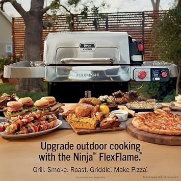Ninja FlexFlame, Grill and Smoker, Electric and Propane Grill, Roaster, BBQ Grill, 5-in-1 Cooking System, 3 Burner, Digital Control, Outdoor Cooking, Griddle, Pizza Maker, Stainless Steel, PG301