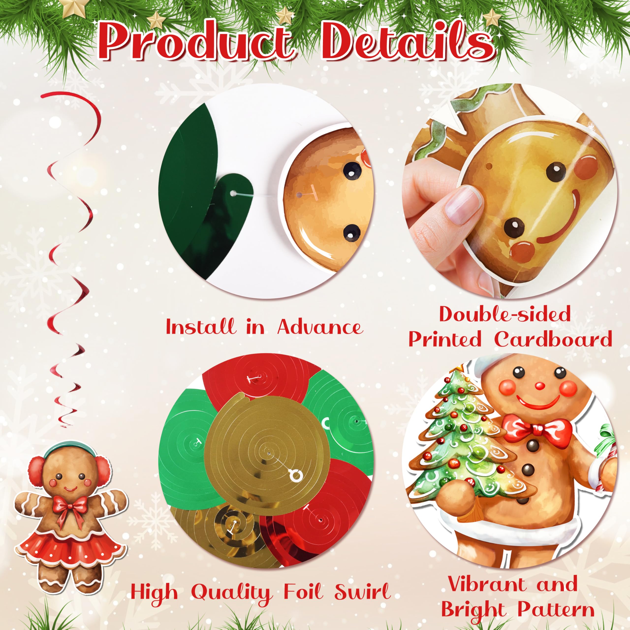 Fayoo 54 piezas de remolinos colgantes de Navidad para colgar en el techo de pan de jengibre, adornos de Navidad, recortes rojos y blancos, decoración para fiestas de Navidad, vacaciones, invierno,
