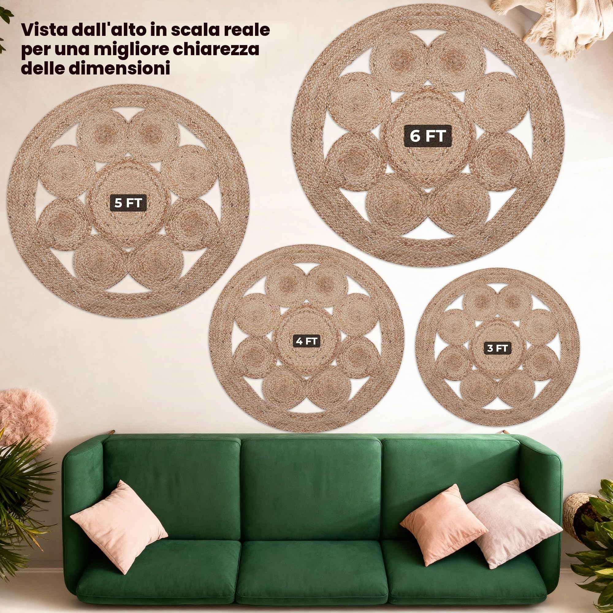 Craft Trade Naturale Lavabile Boho Fiore Tappeto in Iuta Intrecciato a Mano Reversibile Rotondo Tappeto di Juta per Cucina Soggiorno e camera da Letto- 120 cm