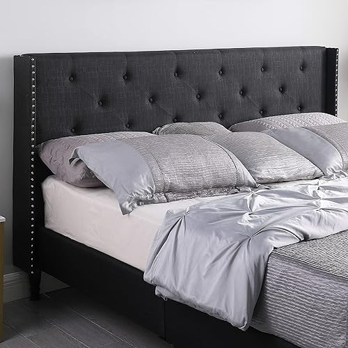 Miniatura 12 de Base de cama de plataforma tapizada Queen con cabecera de 45 pulgadas y base ajustable, cama de lino copetuda con botones, soporte de listones de