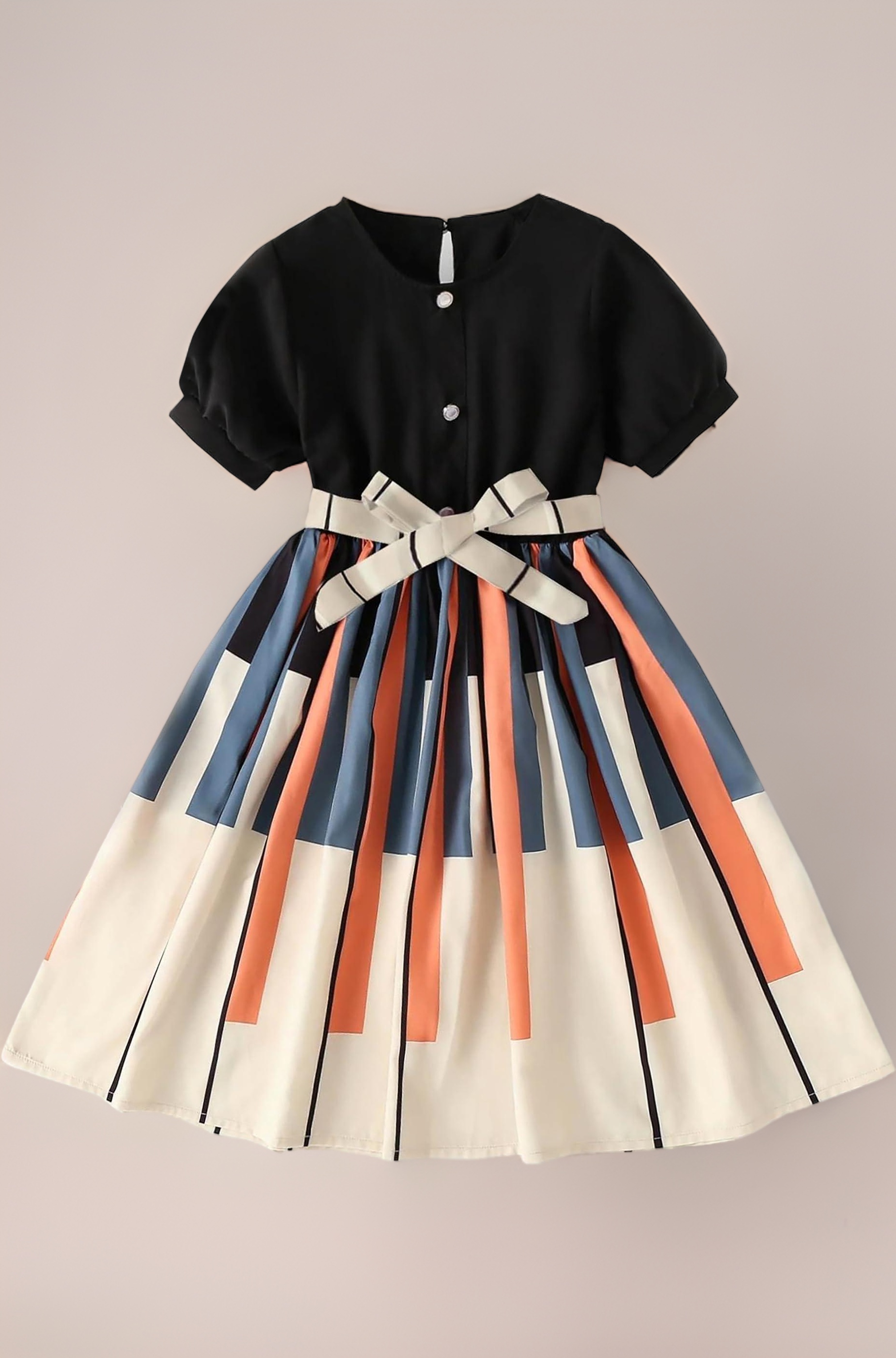 PAMBERSTON Girls Geometric Print Dress for Kids, Fit and Flare, Round Neck, Frock for Girls (Black)