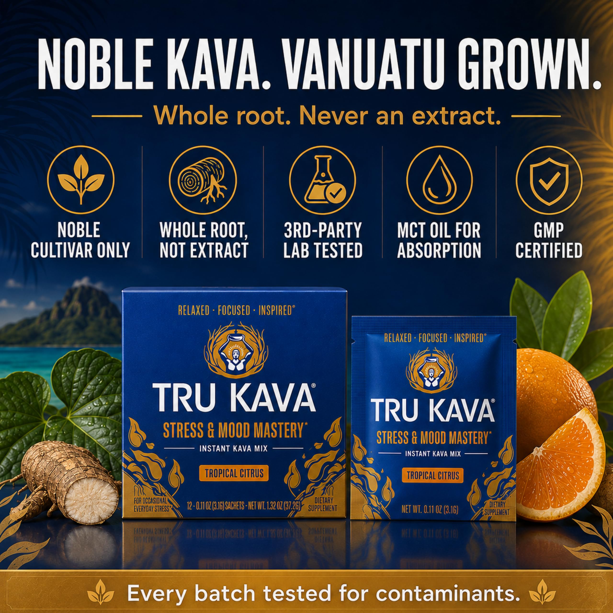 TRU KAVA Whole Root Kava Powder Drink Mix - Ceremonial Grade Noble Kava from Vanuatu, Instant Calm Focus & Social Ease, Kavalactone Rich, Non-Extract, Lab Tested - 12 Sachets — Amazon image 6
