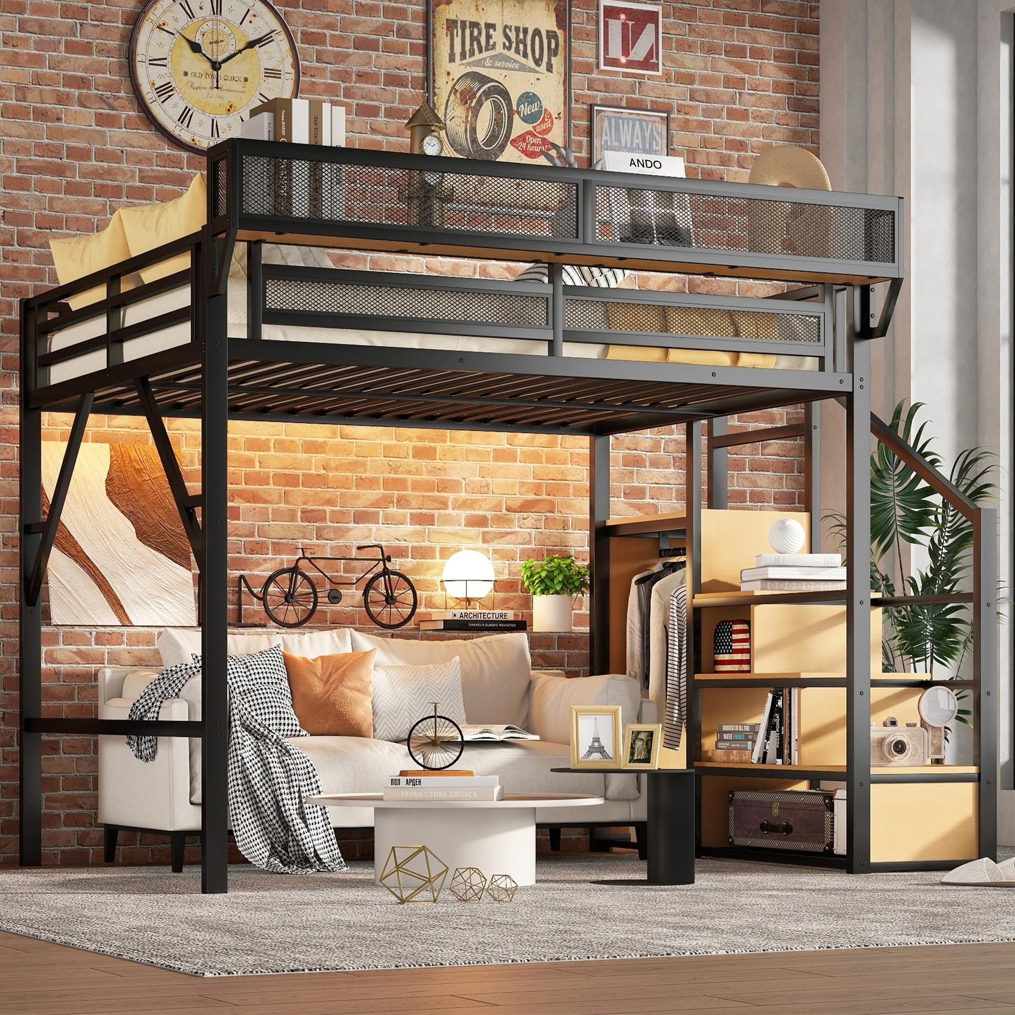 Queen Size Loft Bed Frame for Adults,Metal Lofts Bed Queen with Stairs & Storage Shelves, Heavy Duty High LoftBed with Wardrobe for Teens,Girls Boys, No Box Spring Needed, No Noise, Black