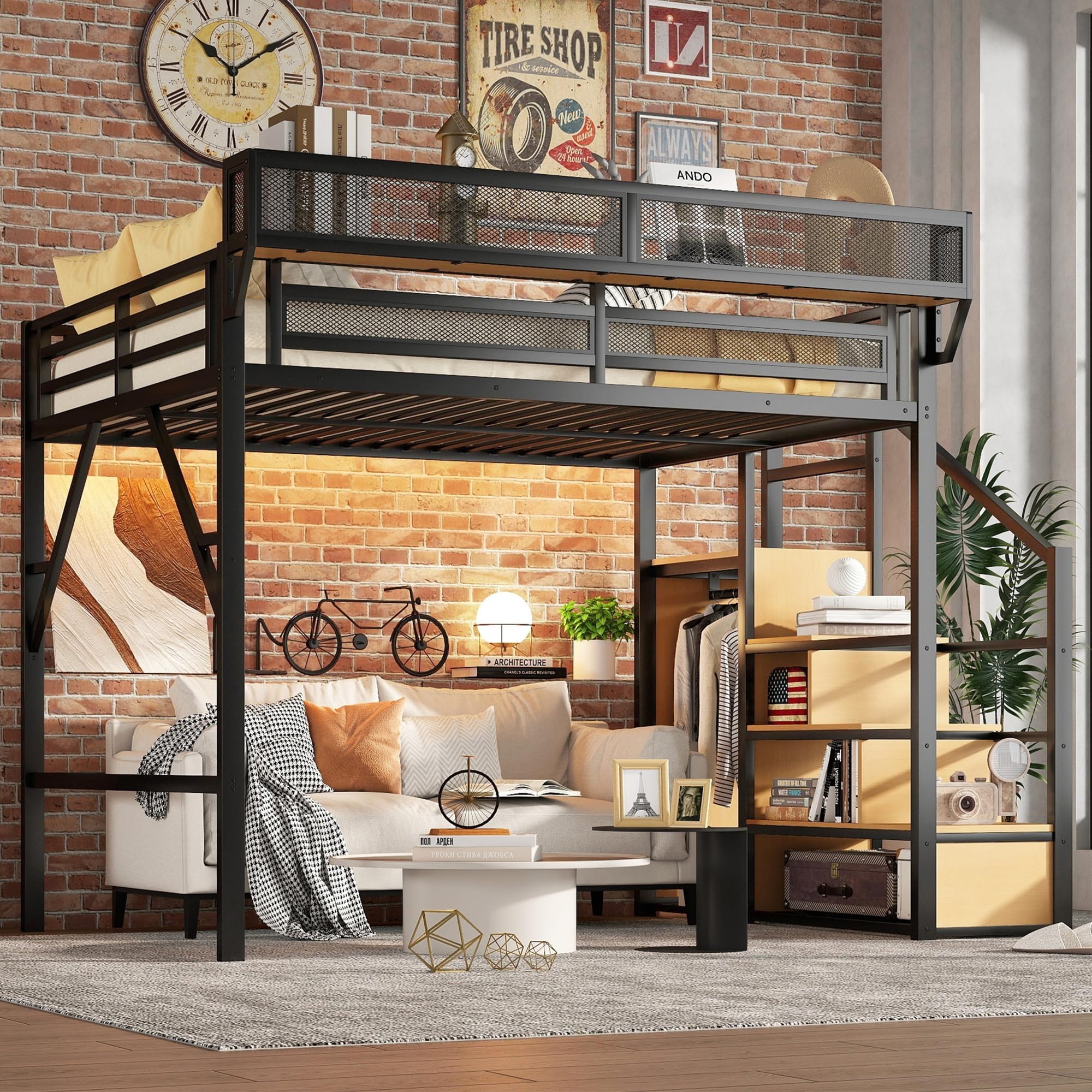 Queen Size Loft Bed Frame for Adults,Metal Lofts Bed Queen with Stairs & Storage Shelves, Heavy Duty High LoftBed with Wardrobe for Teens,Girls Boys, No Box Spring Needed, No Noise, Black