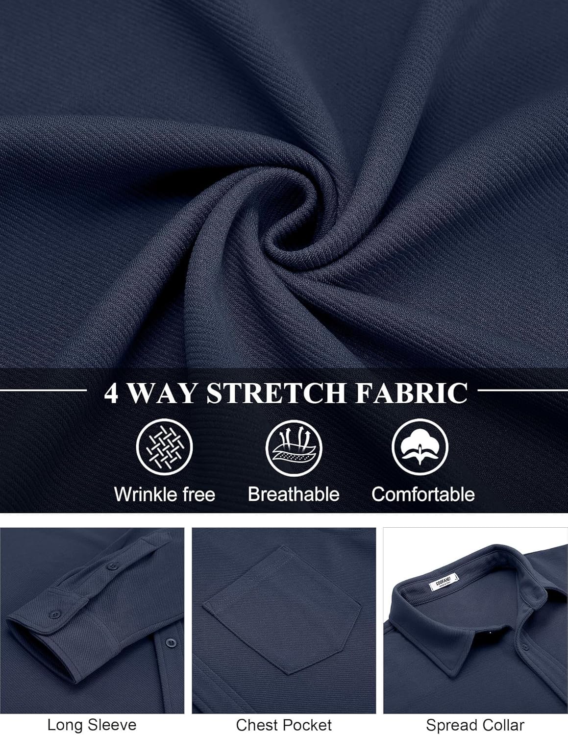 COOFANDY Mens Long Sleeve Button Down Shirts Wrinkle Free Shacket Jacket Stretch Casual Overshirt - Image 5