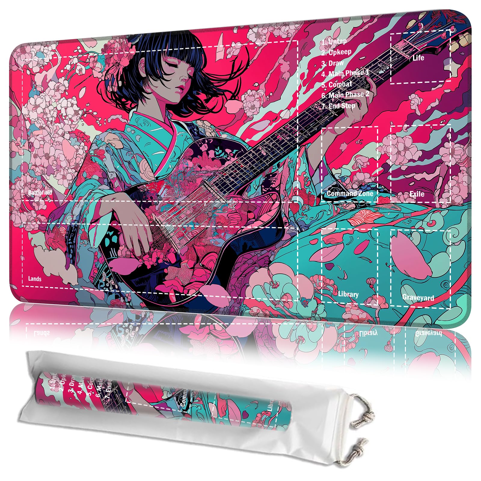 JANENFNA Playmat 24" x 14" with Magic Zones for MTG Card Game Playing, Board Game Mat for Card Breaking Commander Deck Gaming Card Game Battles Mat with Storage Bags, Sakura Guitar Girl