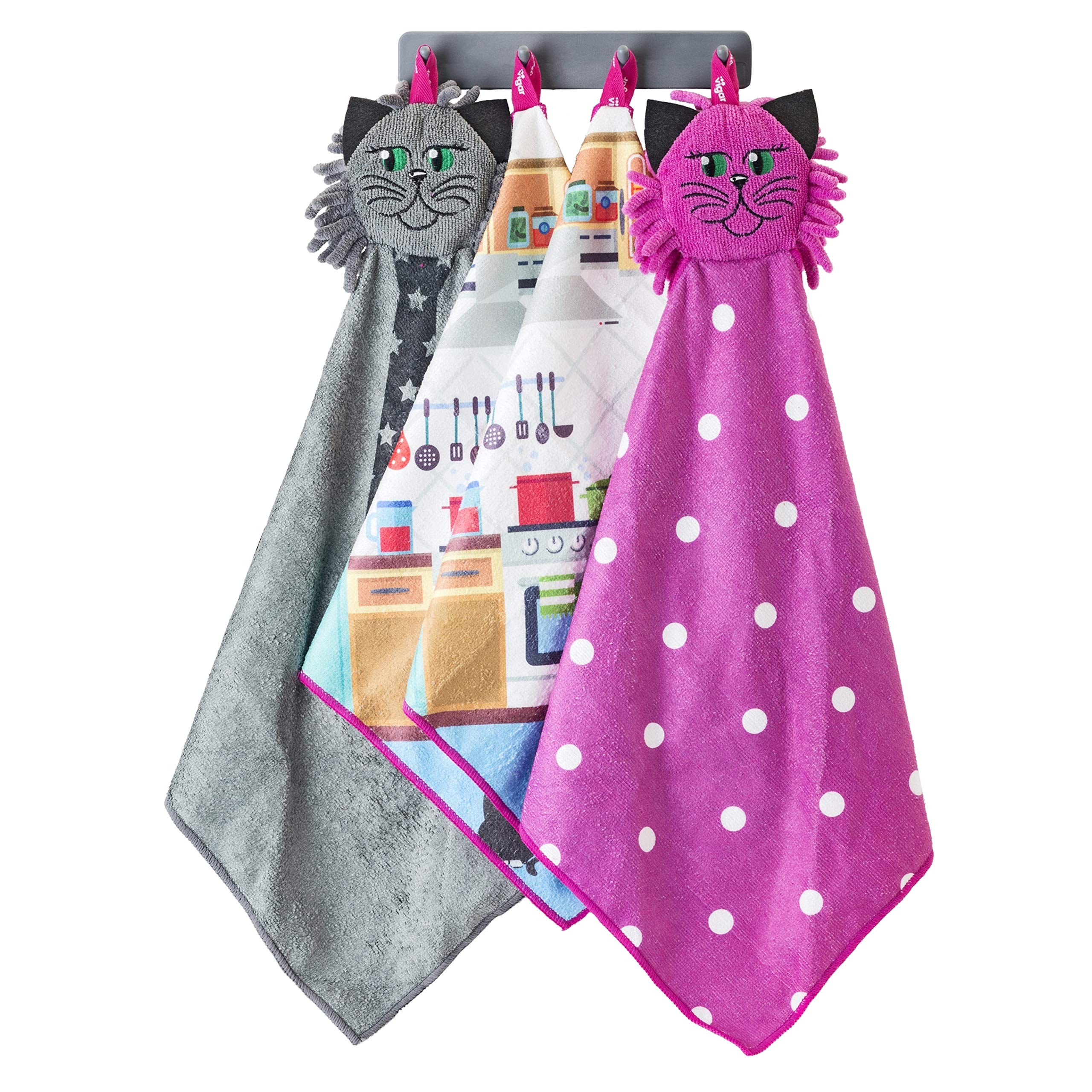 Vigar - Set mit 4 Haken zum Aufhängen - inklusive 4 Händetrocknern - 33 x 5 x 64 cm - Felix-Design - saugfähiges Material - Selbstklebender Kleiderbügel - Grau, Schwarz, Magenta