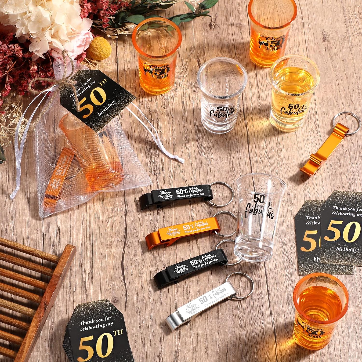 Domensi 30 Sets 50th Birthday Party Favors for Guests 2 Styles Acrylic Short Glasses 3 Colors Bottle Opener Souvenir Thank You Tags with Organza Bags Twine for Birthday Anniversary Wedding Shower