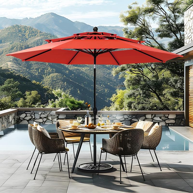 10 ft Patio Umbrellas 3 Tier Vented for Outdoor Garden Backyard, Red | Sophia & William Auto-tilt Table Umbrellas for Outside, Wind Resistant & Crank for Market Lawn Poolside, 1.5" Pole, No Base