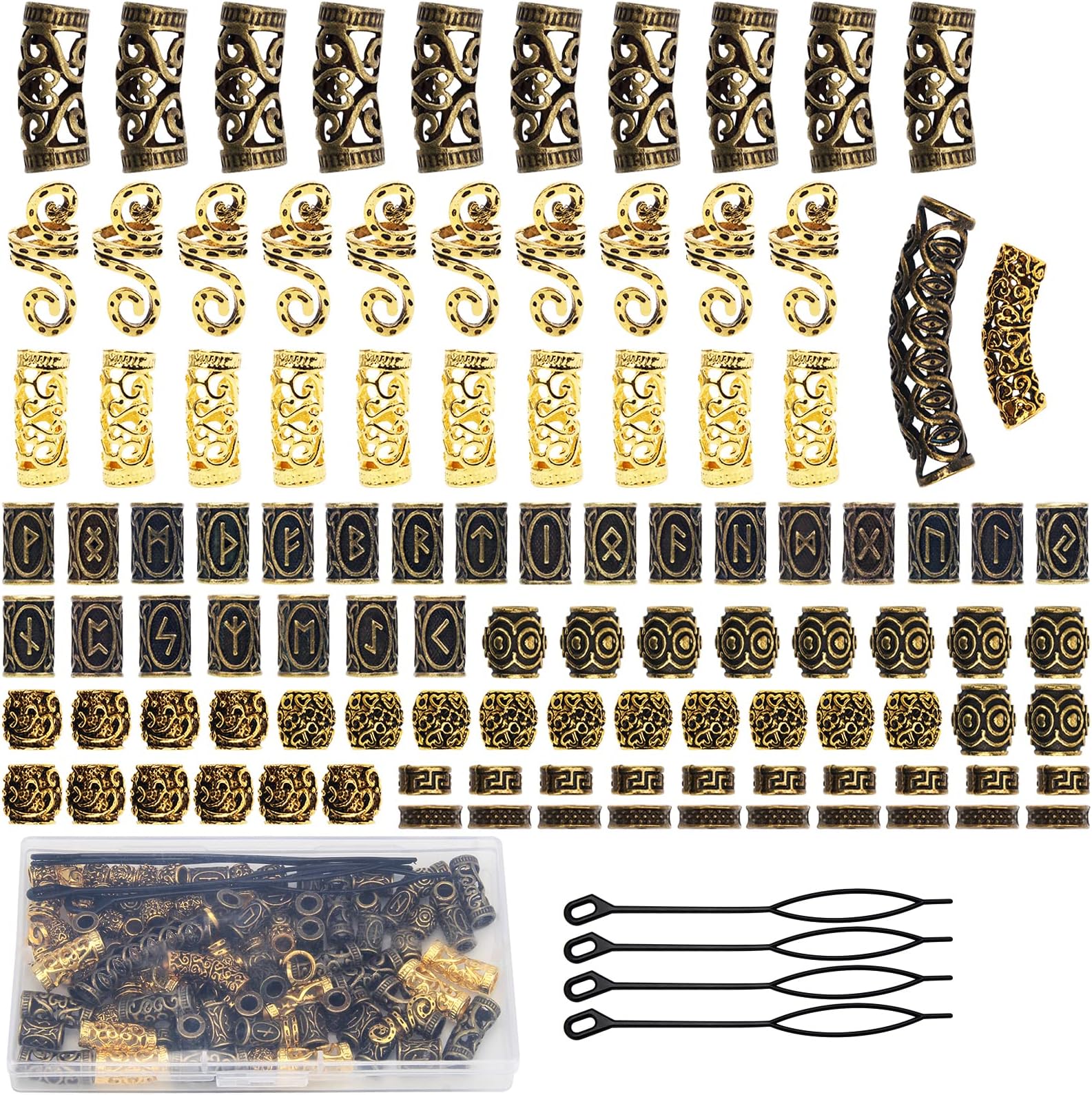 Anglekai 110 PCS Viking Beard Hair Bead, Gold, 11 Styles, Alloy Material, Small Size, DIY Hair Decoration