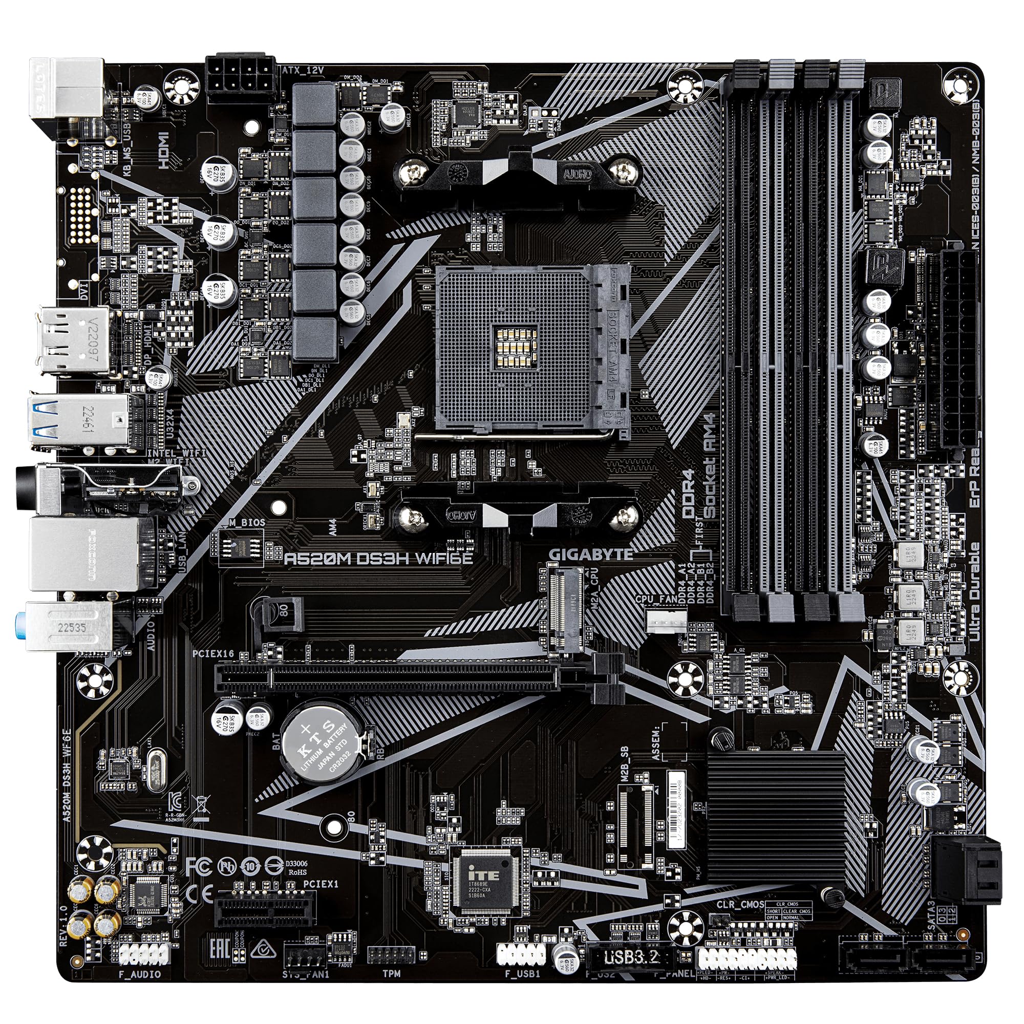 GIGABYTE A520M DS3H WIFI6E Placa Base – Compatible con CPUs AMD Ryzen 5000 Series AM4, hasta 4733 MHz DDR4 (OC), 1x PCIe 3.0 M.2, Wi-Fi 6E, LAN GbE, USB 3.2 Gen 1