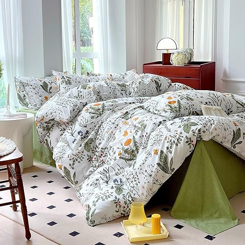 Sanracie Juego de edredón floral tamaño King, juego de edredón floral 100% algodón, diseño botánico de flores amarillas, verde salvia, juego de ropa
