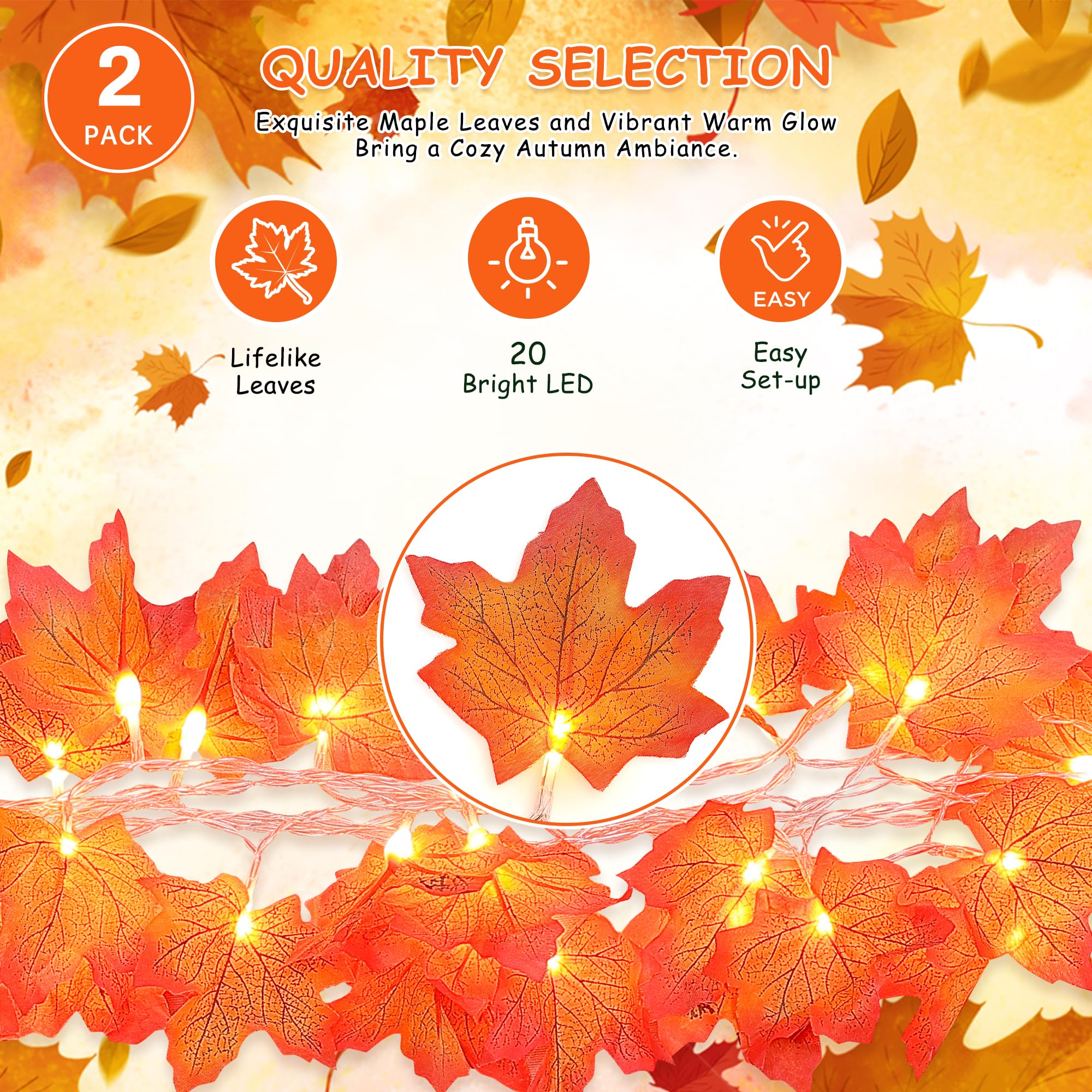 BEEWIN 2 Pack Fall Decorations for Home,Fall Lights Battery Operated,Total 20FT 40 Led Maple Leaf Garland with Lights String for Halloween Thanksgiving Autumn Harvest Friendsgiving Indoor Outdoor
