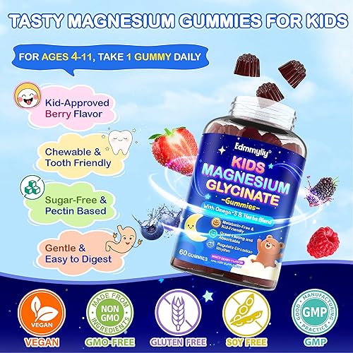 Miniatura 7 de Gomitas de glicinato de magnesio para niños, suplemento de glicinato de magnesio de 200 mg con L-teanina Omega-3, vitamina de calcio D3 y B12 para