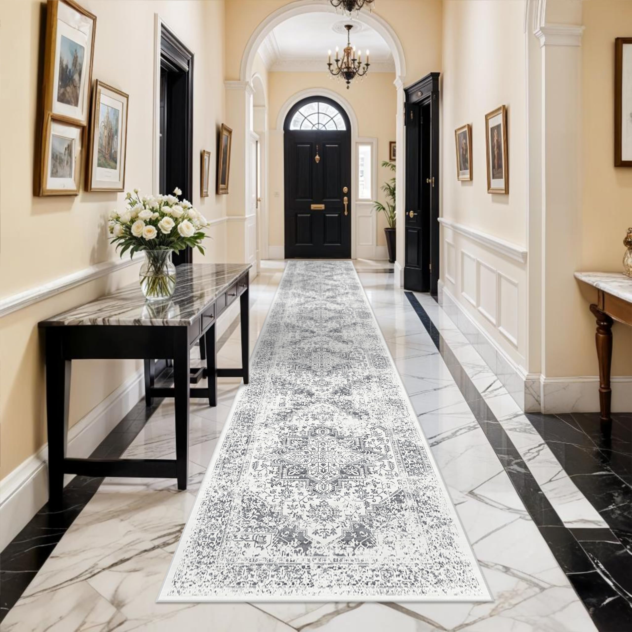 EISUROM 2'6 x 16 Distressed Grey Vintage Runner Rug