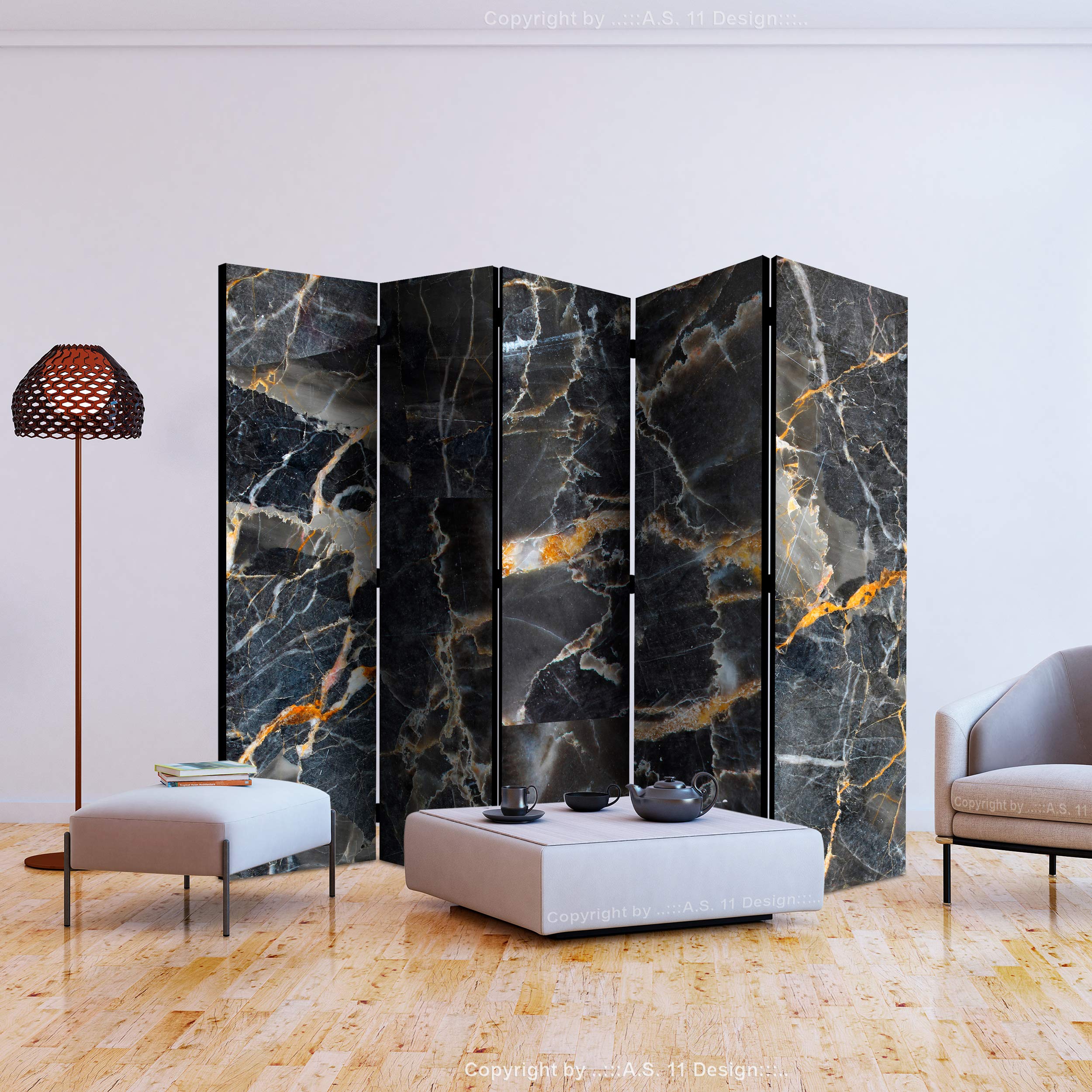 Paravent Raumteiler In Schwarz-Gold – 225x172 Cm, Einseitig Bedruckt Mit Marmor-Design | Stabil, Fertig Montiert & Flexibel Einsetzbar