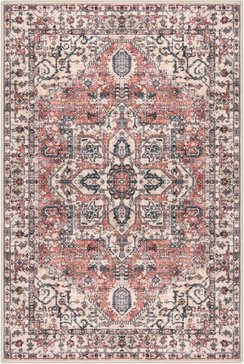 KOZYFLY Area Rug 9x12 Ft Thin Rugs for Living Room Washable Bedroom Rug Non Slip Rugs for Living Room Printed Faux Wool Vintage Bedroom Rug Floor Carpet for Dining Room, Red Salmon/Pink/Navy