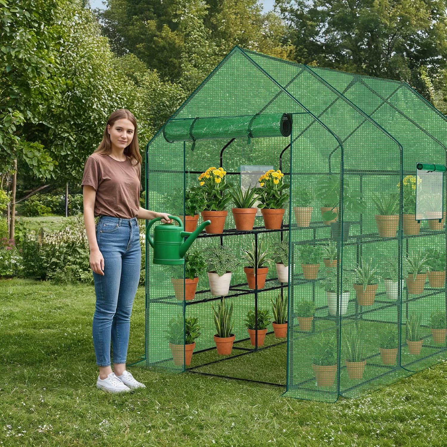 Outvita Walk-in Greenhouse, Outdoor Durable PE Plant Green House for Frost Protection with 3 Tiers 12 Shelves, Shelf Clips, Roll-up Zipper Door, 56"x85"x77" Green