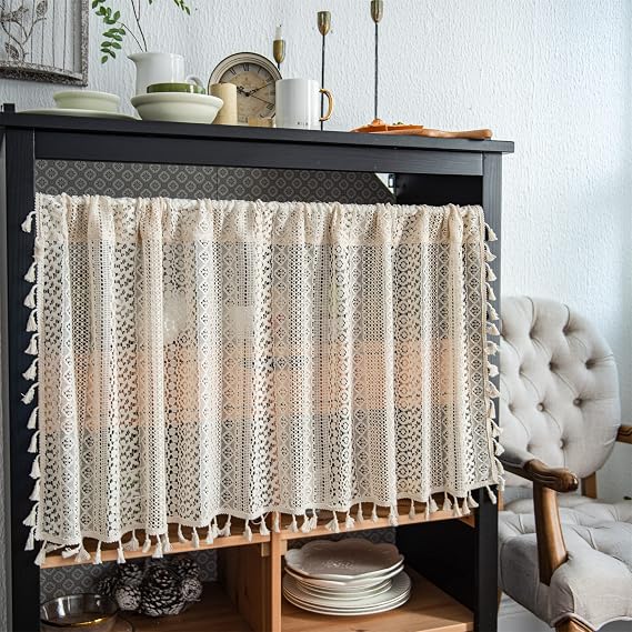 RYNGHIPY Crochet Curtain Valance for Kitchen Window, Shabby Macrame Curtain Tiers with Tassels,Farmhouse Cotton Crochet Lace Window Treatment, 55 x 18 Inches Length