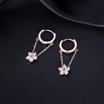 Reffeer 925 Sterling Silver CZ Flower Drop Earrings Chain for Women Flower Hoop Earrings Huggie